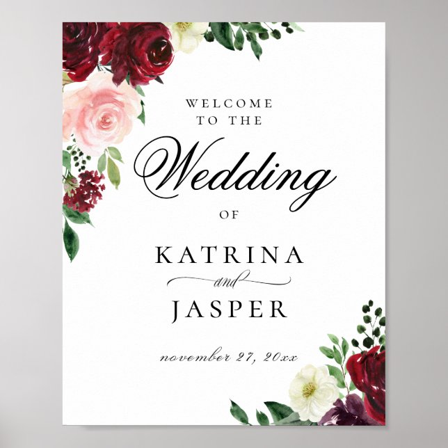 Elegant Burgundy Blush Floral Wedding Welcome Poster (Front)
