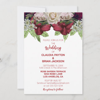 Elegant Burgundy Blush Floral White Wedding Invitation