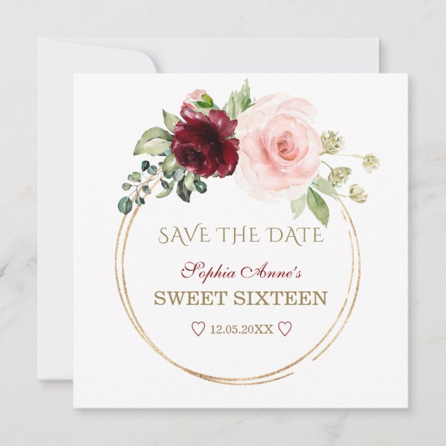 Elegant Burgundy Blush Flowers Gold Sweet Sixteen Save The Date (Front)