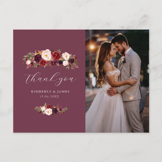 Elegant burgundy & blush flowers wedding thank you postcard (Front)