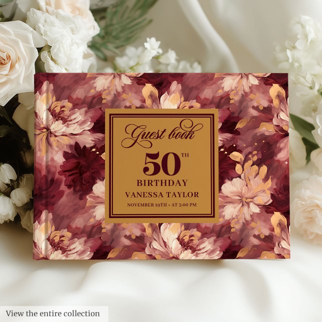 Elegant Burgundy Blush Gold Floral 50th Birthday Guest Book (Elegant Burgundy Blush Gold Floral 50th Birthday Guest Book )