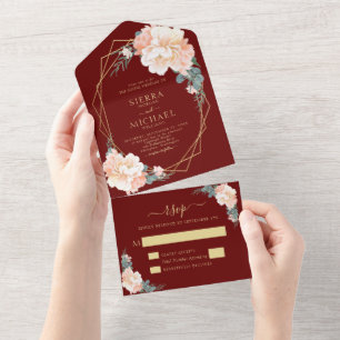 Elegant Burgundy Blush Gold Peach Floral Wedding A All In One Invitation