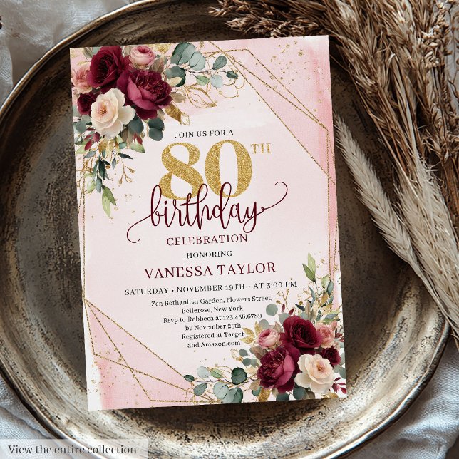 Elegant Burgundy Blush Gold Roses 80th Birthday  Invitation (Elegant Burgundy Blush Gold Roses 80th Birthday Invitation)