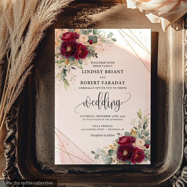 Elegant burgundy blush gold roses wedding invite (Elegant Burgundy Blush Gold Roses Floral Wedding Invitation)