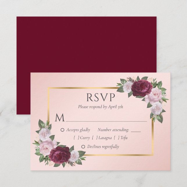 Elegant Burgundy Blush Gold Wedding RSVP Cards (Front/Back)