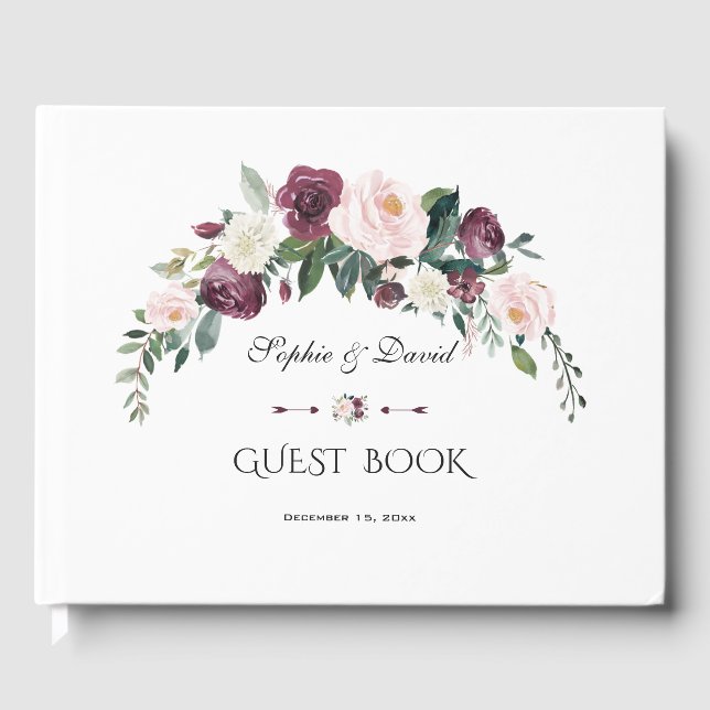 Elegant Burgundy Blush Ivory Floral Wedding Guest Book (Front)