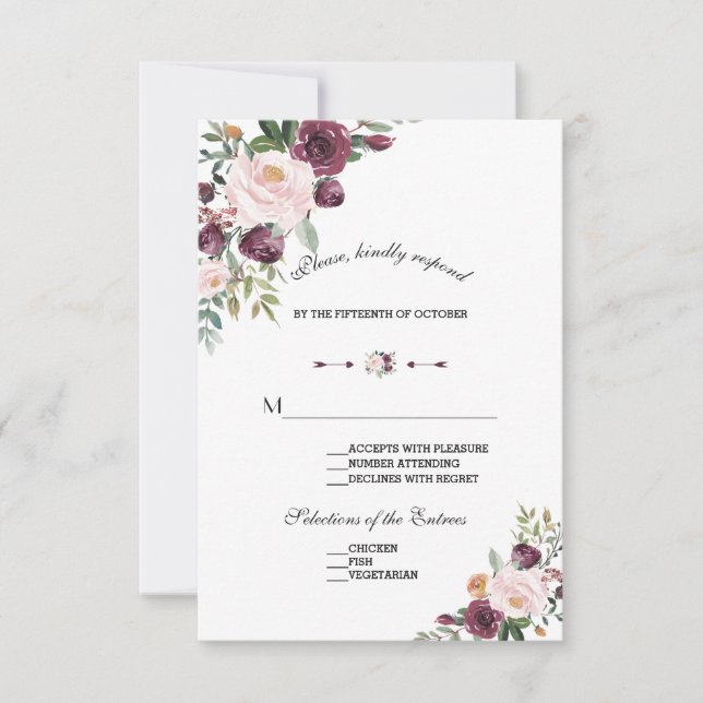 Elegant Burgundy Blush Ivory Floral Wedding RSVP Card (Front)