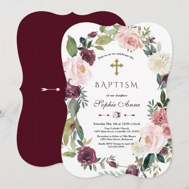 Elegant Burgundy Blush Ivory Floral Wreath Baptism Invitation (Front/Back)