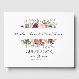 Elegant Burgundy Blush Ivory Floral Wreath Wedding Guest Book