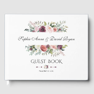 Elegant Burgundy Blush Ivory Floral Wreath Wedding Guest Book