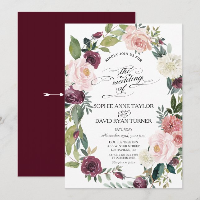 Elegant Burgundy Blush Ivory Floral Wreath Wedding Invitation (Front/Back)