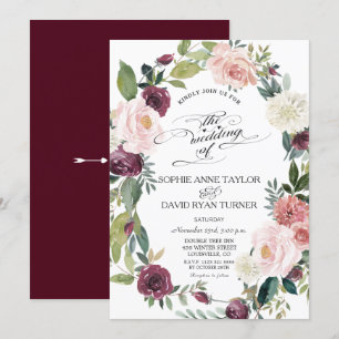 Elegant Burgundy Blush Ivory Floral Wreath Wedding Invitation
