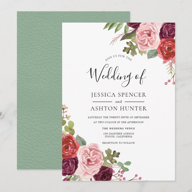 Elegant Burgundy Blush Mint Wedding Invitation (Front/Back)