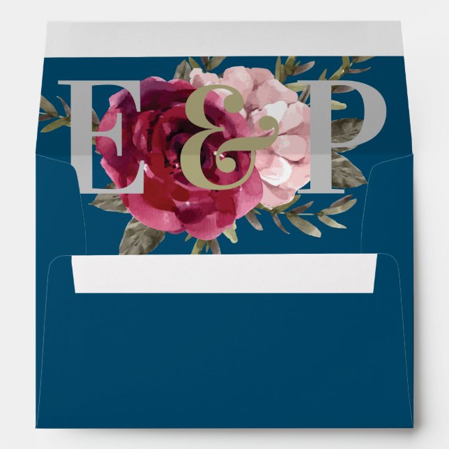 Elegant Burgundy Blush Monogram Floral Wedding Envelope (Back (Bottom))