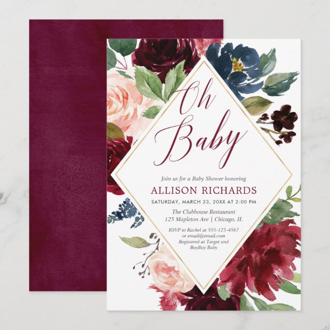 Elegant burgundy blush navy floral baby shower invitation (Front/Back)