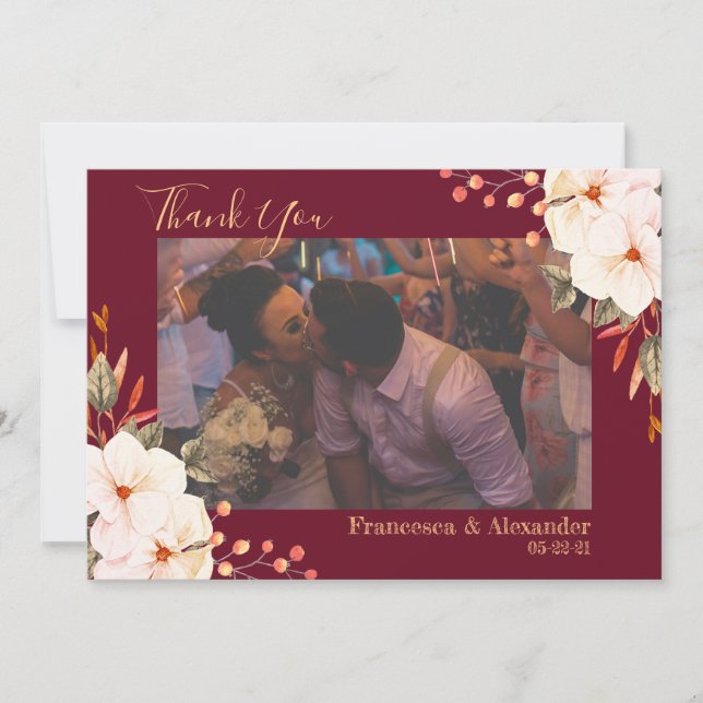 Elegant Burgundy Blush Orange Floral Thank You Card (Front)