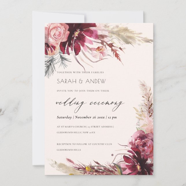 Elegant Burgundy Blush Pampas Grass Wedding Invite (Front)