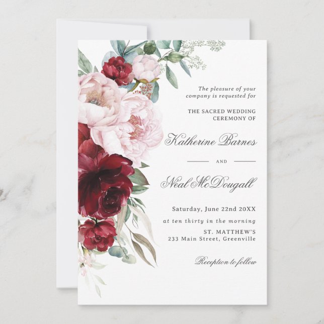 Elegant Burgundy Blush Peonies Floral Wedding Invitation (Front)