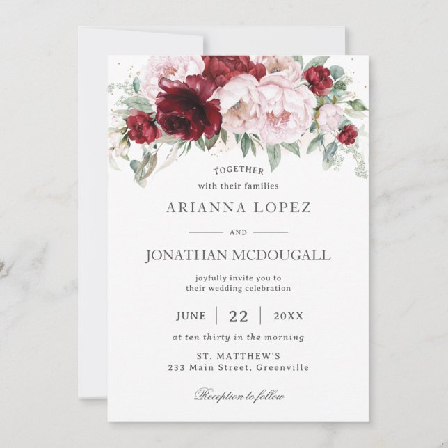 Elegant Burgundy Blush Peonies Rose Floral Wedding Invitation (Front)
