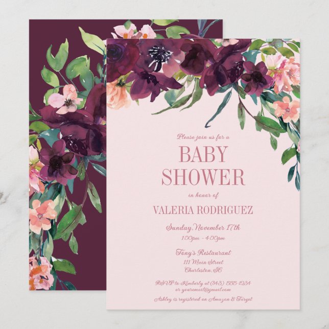 Elegant Burgundy Blush Pink Floral Baby Shower Invitation (Front/Back)