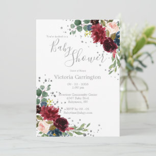Elegant Burgundy Blush Pink Floral Blue Baby Invit Invitation
