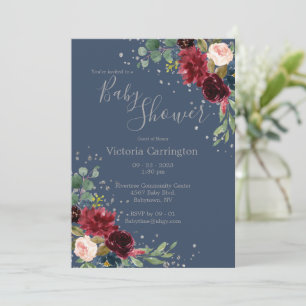 Elegant Burgundy Blush Pink Floral Blue Baby Invitation