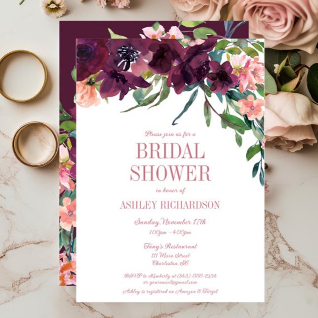 Elegant Burgundy Blush Pink Floral Bridal Shower Invitation (Burgundy & Blush Floral Autumn Bridal Shower Invitation)