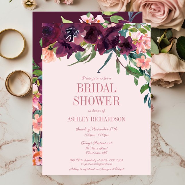 Elegant Burgundy Blush Pink Floral Bridal Shower Invitation (Burgundy Blush Floral Fall Bridal Shower Invitation)