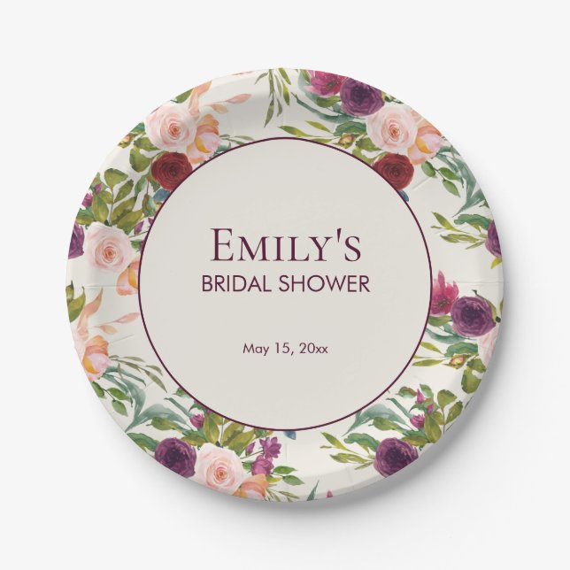 Elegant Burgundy Blush Pink Floral Bridal Shower Paper Plate (Front)
