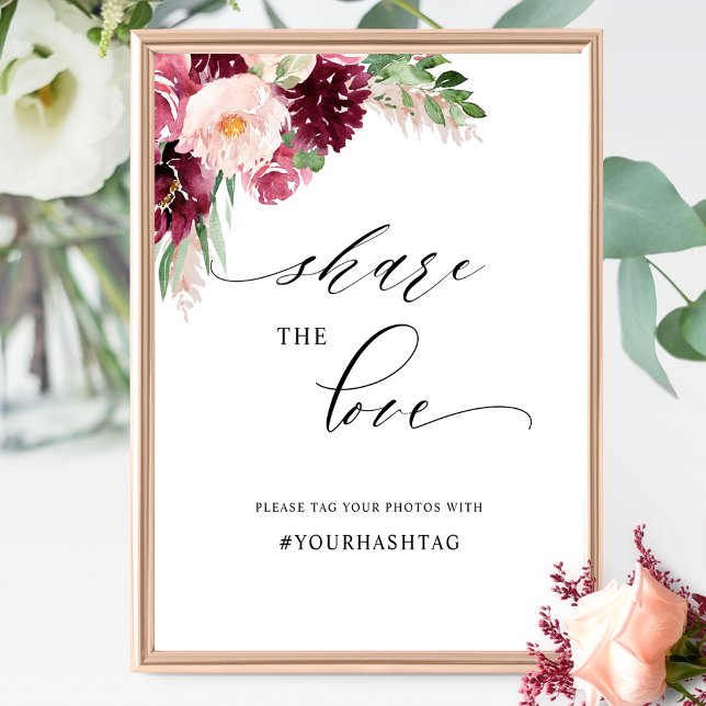 Elegant Burgundy Blush Pink Floral Hashtag Sign (Creator Uploaded)