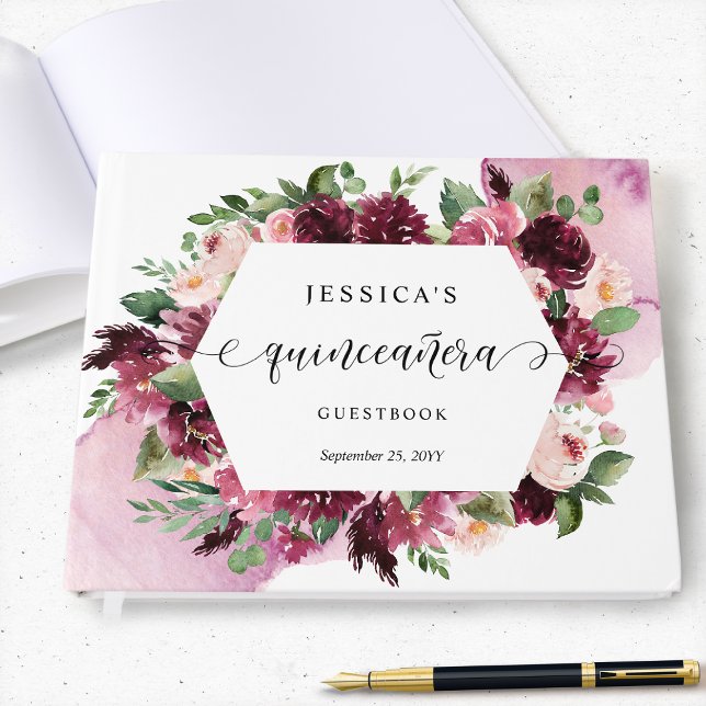 Elegant Burgundy, Blush, Pink Floral Quinceañera Guest Book (Creator Uploaded)
