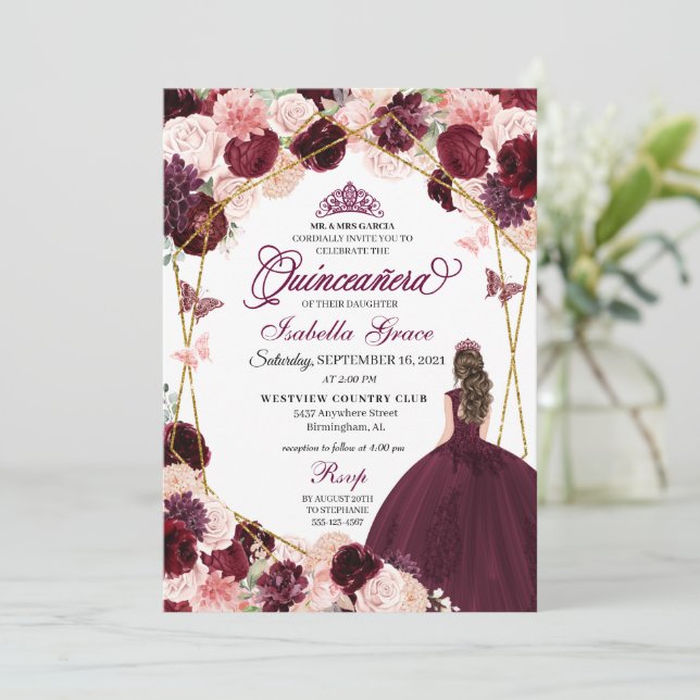 Elegant Burgundy Blush Pink Floral Quinceanera Inv Invitation (Standing Front)
