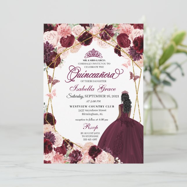 Elegant Burgundy Blush Pink Floral Quinceanera Inv Invitation (Standing Front)