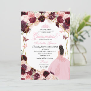 Elegant Burgundy Blush Pink Floral Quinceanera Invitation