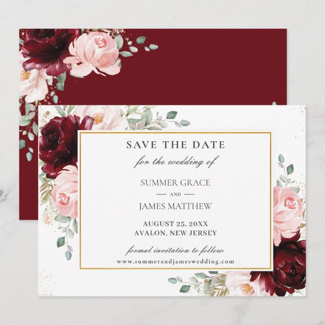 Elegant Burgundy Blush Pink Floral Roses Wedding  Save The Date (Front/Back)