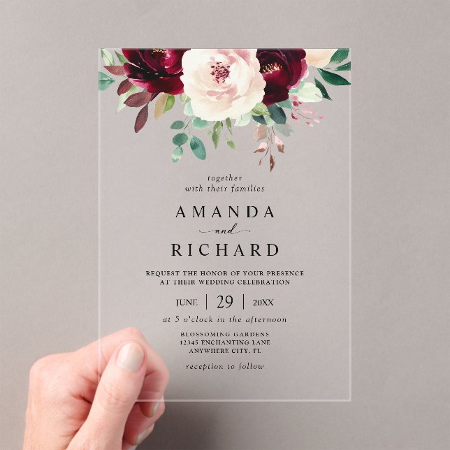 Elegant Burgundy Blush Pink Floral Wedding Acrylic Invitations (Insitu (Handheld))