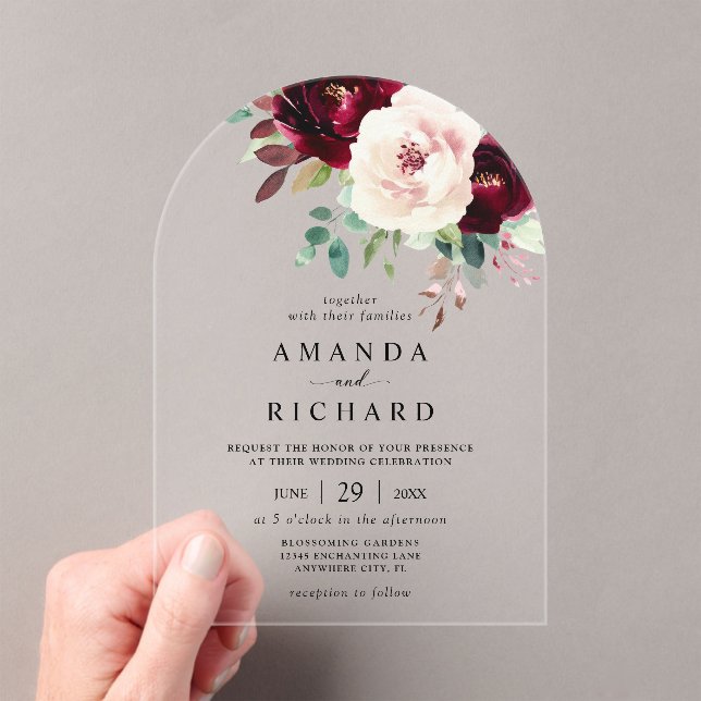 Elegant Burgundy Blush Pink Floral Wedding Acrylic Invitations (Insitu (Handheld))