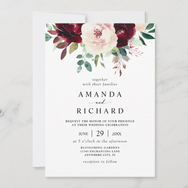 Elegant Burgundy Blush Pink Floral Wedding Invitation (Front)