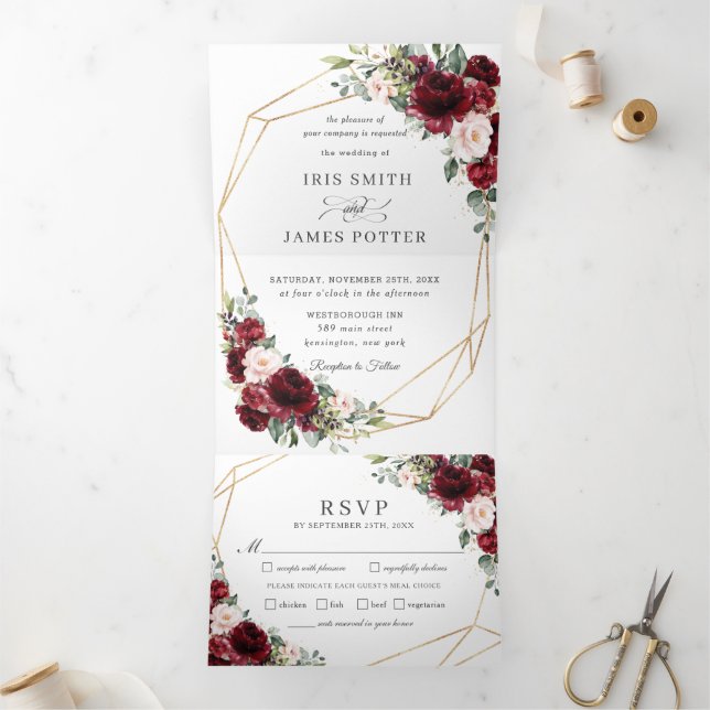 Elegant Burgundy Blush Pink Floral Wedding RSVP Tri-Fold Invitation (Inside)