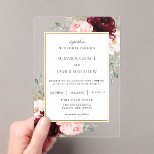 Elegant Burgundy Blush Pink Roses Floral Wedding   Acrylic Invitations