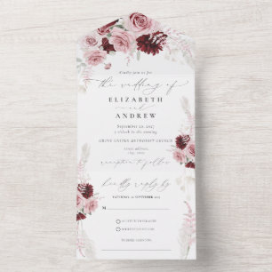 Elegant Burgundy Blush Pink Roses Floral Wedding All In One Invitation