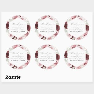 Elegant Burgundy Blush Pink Roses Floral Wedding Classic Round Sticker