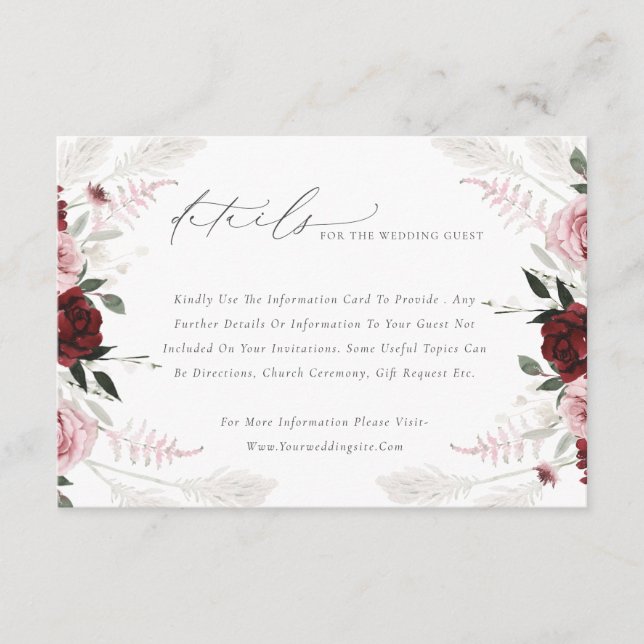 Elegant Burgundy Blush Pink Roses Floral Wedding Enclosure Card (Front)