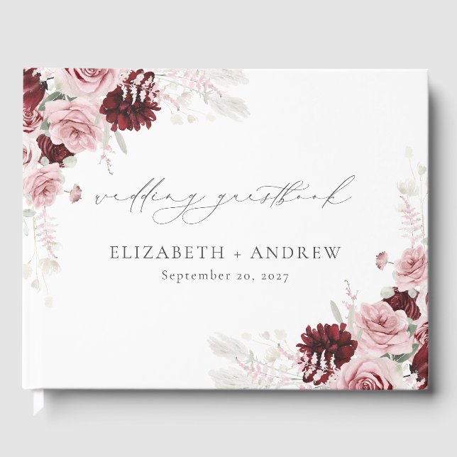 Elegant Burgundy Blush Pink Roses Floral Wedding Guest Book (Front)