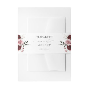 Elegant Burgundy Blush Pink Roses Floral Wedding Invitation Belly Band