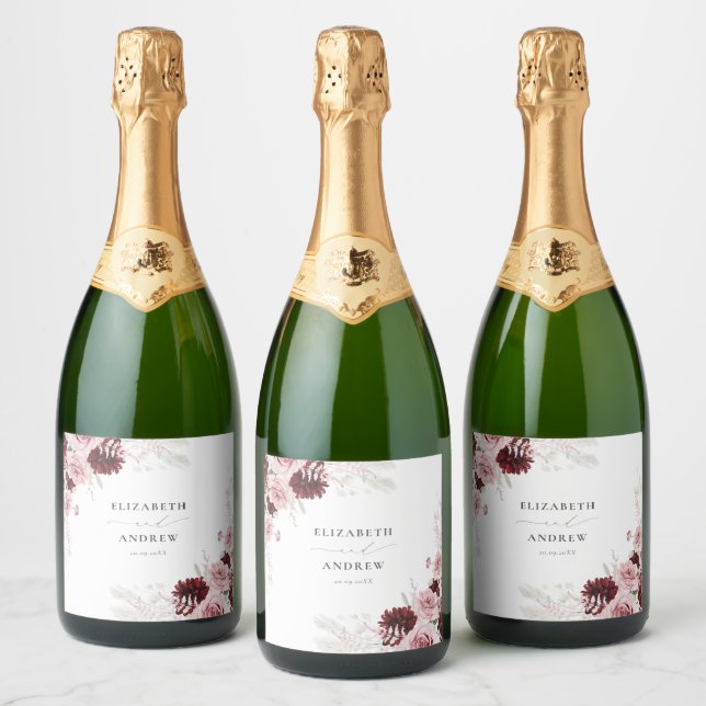 Elegant Burgundy Blush Pink Roses Floral Wedding Sparkling Wine Label (Bottles)