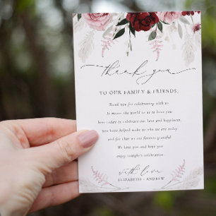 Elegant Burgundy Blush Pink Roses Floral Wedding Thank You Card