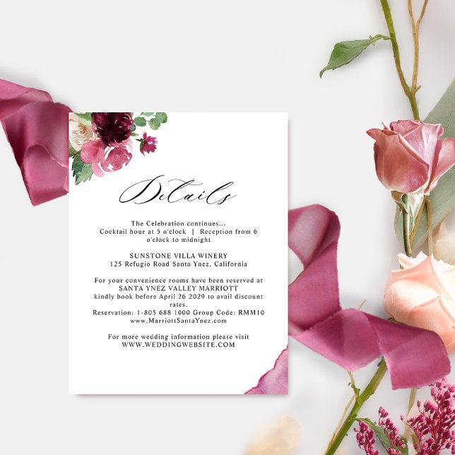 Elegant  Burgundy Blush Pink Wedding Details Enclosure Card (Creator Uploaded)