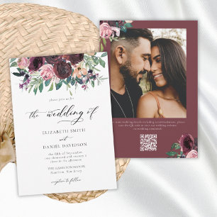 Elegant Burgundy Blush QR Code Photo Wedding Invitation