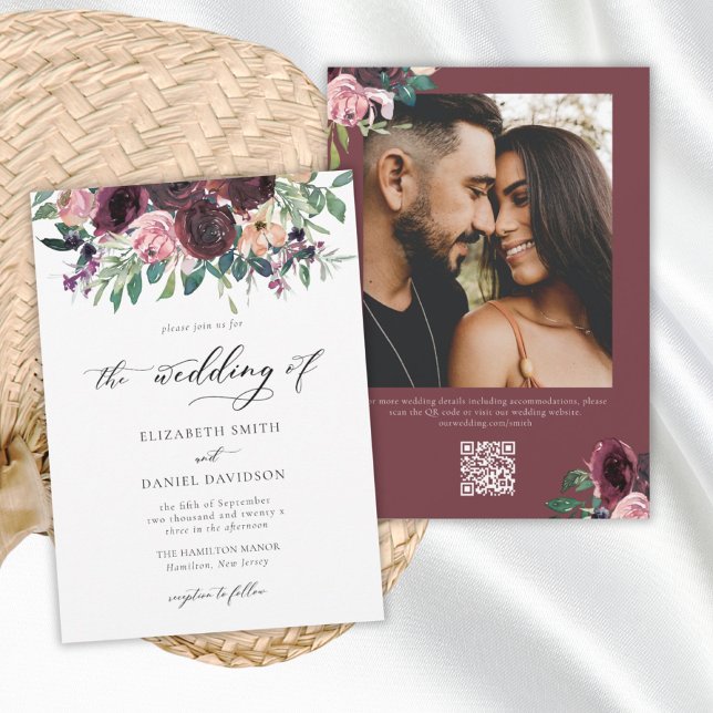 Elegant Burgundy Blush QR Code Photo Wedding  Invitation (Creator Uploaded)